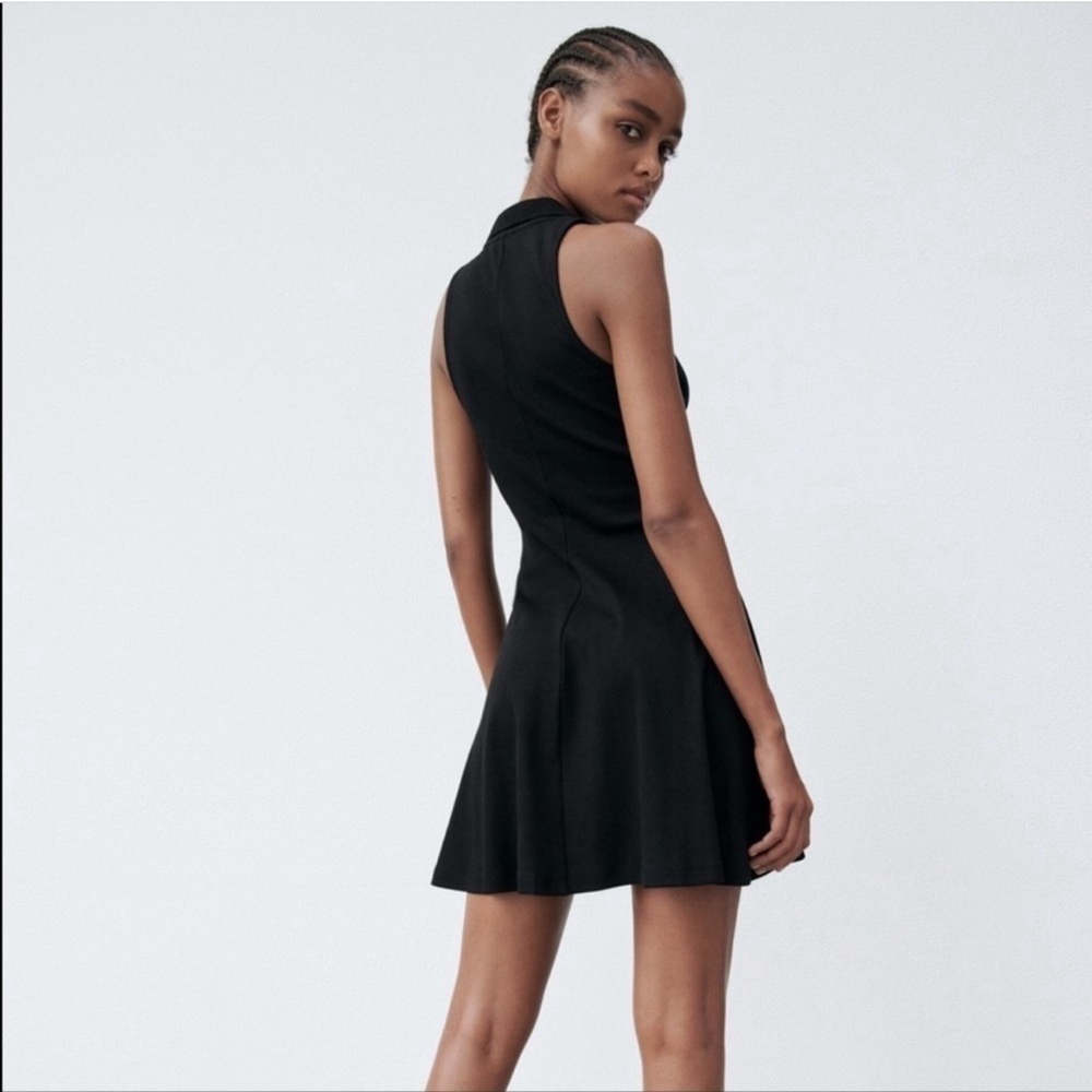 Zara Lapel Collared Ribbed Black Dress - Picture 2 of 7